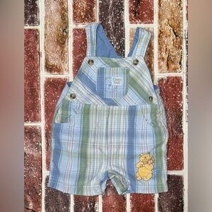 Vintage Classic Winnie the Pooh blue plaid shortall overalls 6m boys airplane